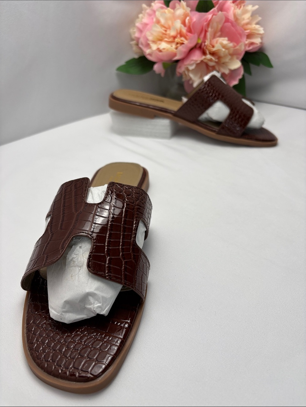 Fashion Nova Womens 11 Brown Croc-Embossed Slide Mules #460